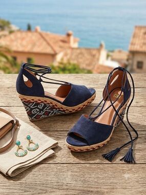 CAbi Navy Suede Embroidered Espadrille Wedge Sandals